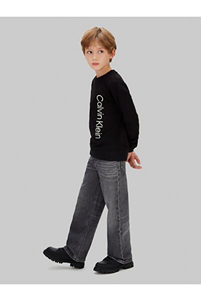 Calvin Klein Boys Black Terry Side Graphic Crew Neck Sweatshirt