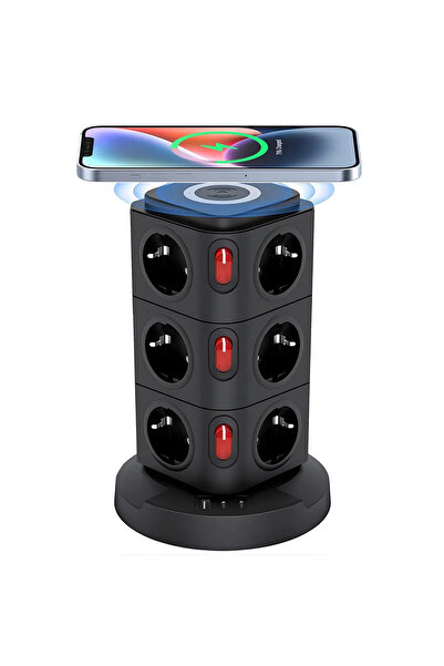 asua Akım Korumalı Priz Kablosuz Şarj İstasyonu 12xSoket 1xUSB 2xType-C 2 MT Kablolu Grup Priz Çoğaltıcı
