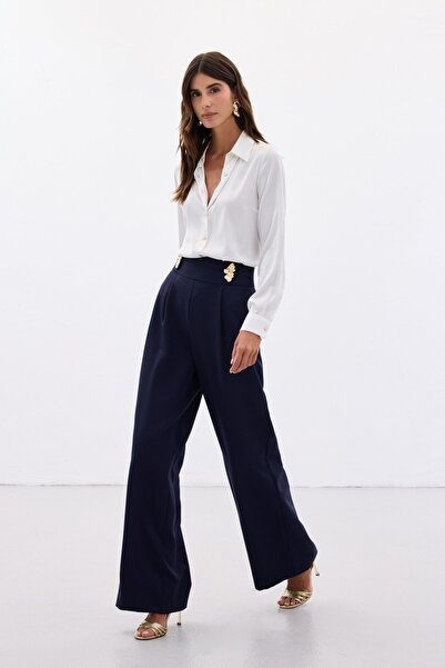 Sateen Bel Aksesuarlı Pantolon - Lacivert