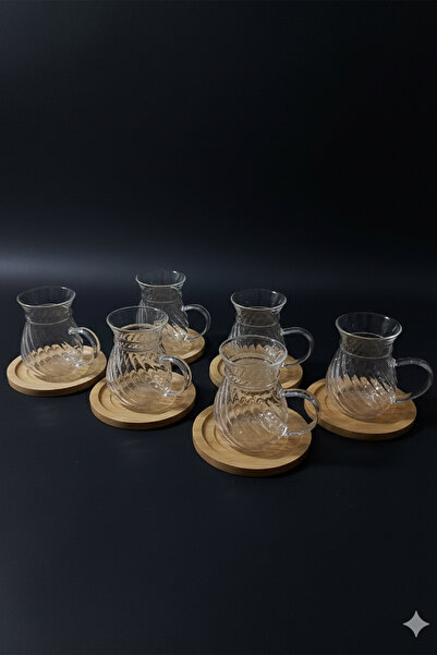 Home Lunero Borosilicate Glass 6-Piece Tea Cup Set – Striped with Bamboo Base 200 ml