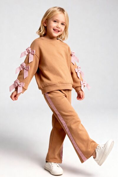 Lmn Pearl Bow Detail 3-Layered Fleece Inside Girls' Suit