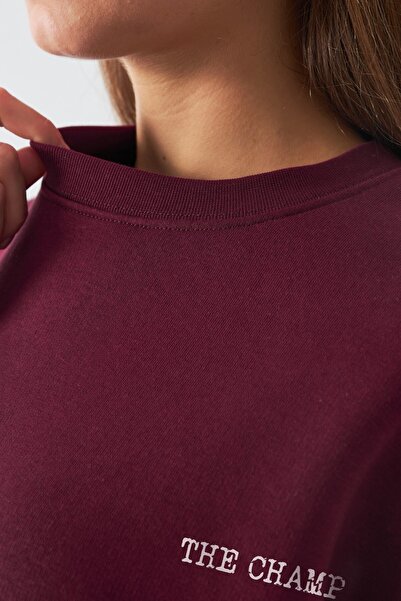 The Champ Clothing Γυναικείο φούτερ oversized Paris Coffee Journal με τύπωμα Claret Red – Crew Neck, 3 Thread Ş επένδυση fleece Fleece