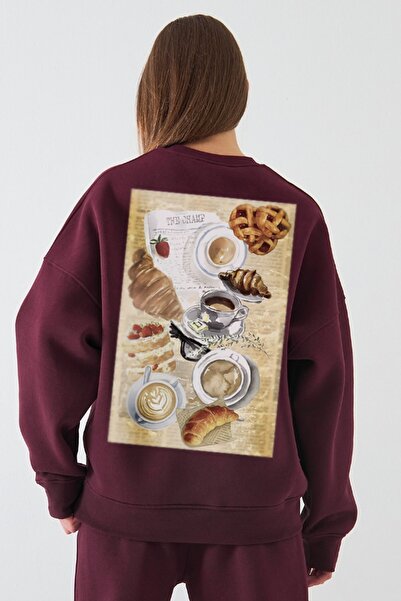 The Champ Clothing Γυναικείο φούτερ oversized Paris Coffee Journal με τύπωμα Claret Red – Crew Neck, 3 Thread Ş επένδυση fleece Fleece