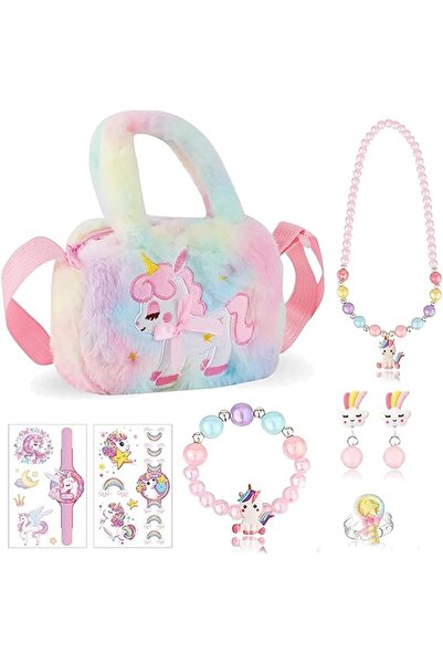 EXCEFORE Unicorn Gifts for Girls, 8 PCS Unicorn Crossbody Bag Purse with Jewelry Set