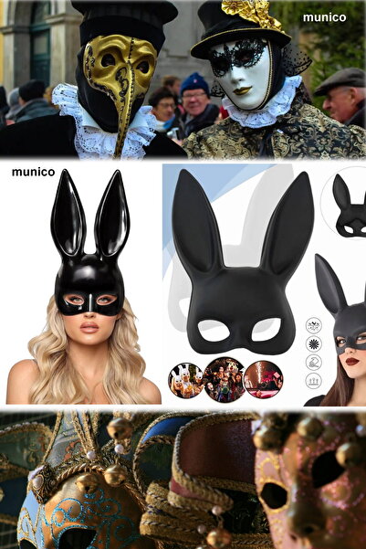 Munico Kostümlü Parti Sexy Siyah Renk Tavşan Maske Uzun Kulaklı, Lastikli Yapı | Maskeli Balo Tiktok