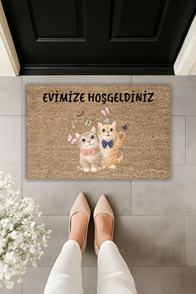 Dormot Modern Dijital Baskı Paspas - Evimize Hoşgeldiniz Kedi Kelebek Kapı Ön...