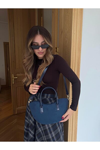 Tina İstanbul Oval Kesim Nubuk Fermuar Kapamalı El ve Omuz Çantası Lacivert