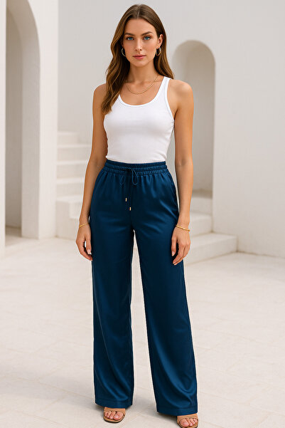 Rich Women's Elastic Waist Wide Leg Satin Trousers