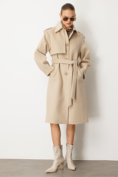 Nefeli Apolet Detaylı Yaka Parçalı Kaşe Kaban BEJ