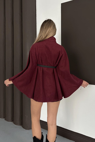 The Robi Belt Detailed Cashmere Burgundy Poncho