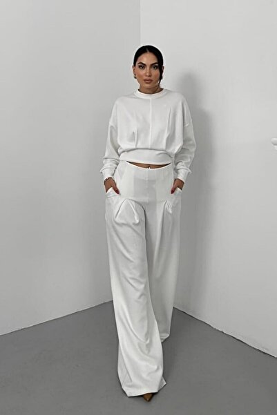 spirituel Women's Two-Piece Bottom Top Set Modal Fabric Off-Shoulder Crew Neck Crop Top Pleated High Waist Wide Leg Pants