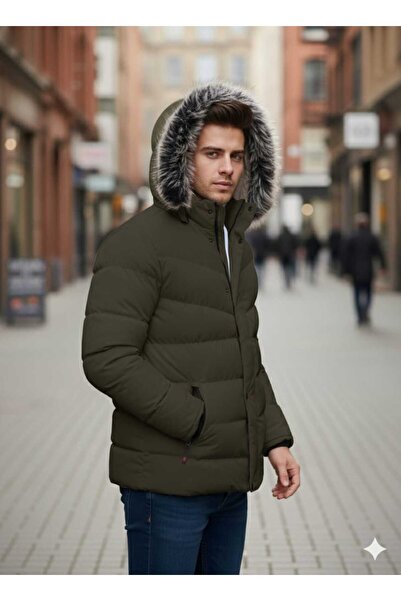 güncüoğlu Removable Ka Hooded Men's Sports Coat with Fur Lined and Very Thick Filling Fiber