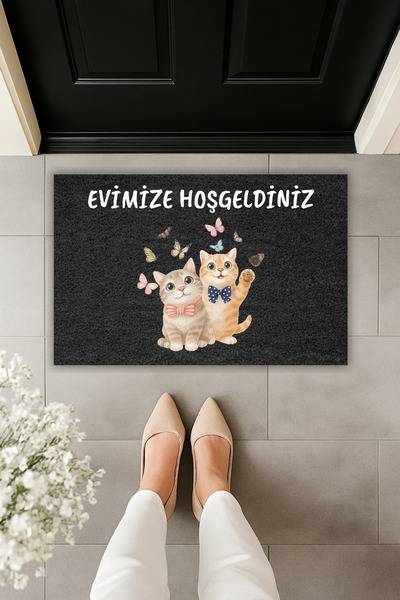 Dormot Modern Dijital Baskı Paspas - Evimize Hoşgeldiniz Kedi Kelebek Kapı Ön...