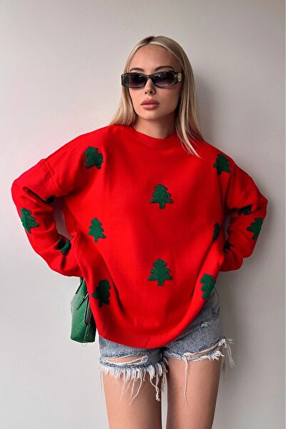 CARLA MARA Pine Tree Embroidered Red Knit Sweater