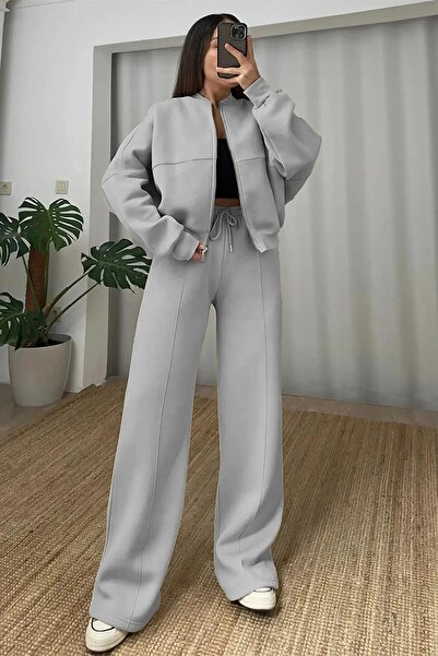 BARLİZ Jachetă bomber premium pentru femei, cu fermoar, set Palazzo cu 3 fire