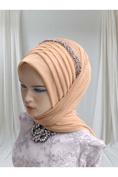 Nuray hazır duvak Accessories Included Gold Stretch Fabric Single-Piece Ready-Made Shawl Ready-Made Turban Ready-Made Veil