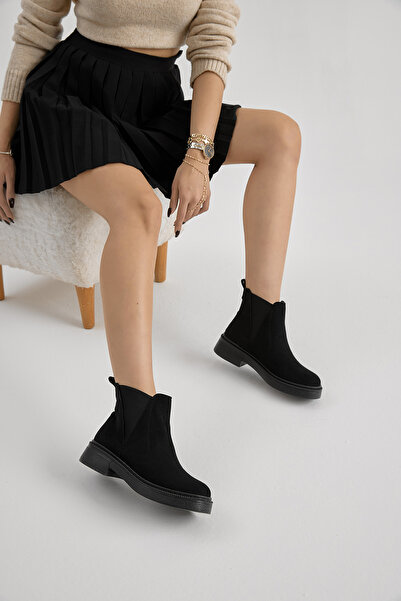 Tonny Black Women's Black Suede Thick Thermo Sole Boots with Elastic V on the Side