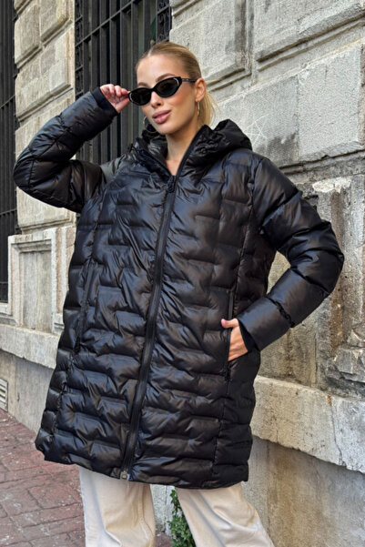 CARLA MARA Palton lung cu glugă căptușit cu fermoar