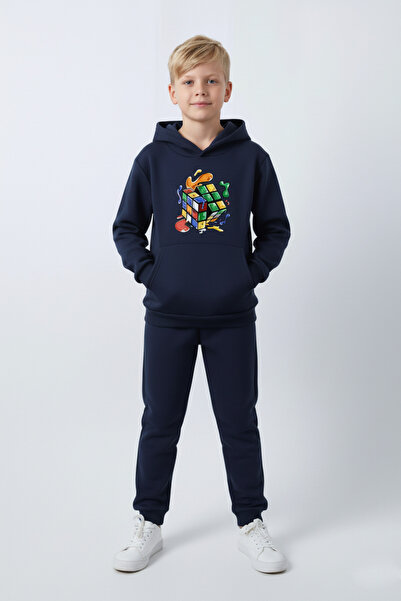 FYK KİDS 3 İplik Ş επένδυση fleece Winter Rubik's Cube B με τύπωμα Kangaroo Pocket K με κουκούλα Σετ αθλητικής φόρμας για αγόρια