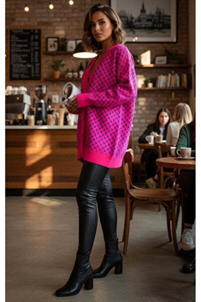 Cockatoo Patterned Buttoned Model Woven Detailed Long Sleeve Knitwear Cardigan