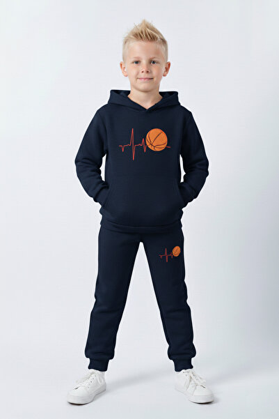 FYK KİDS 3 İplik Ş επένδυση fleece Winter Pulse Basketball B με τύπωμα Kangaroo Pocket K με κουκούλα Σετ αθλητικής φόρμας για αγόρια