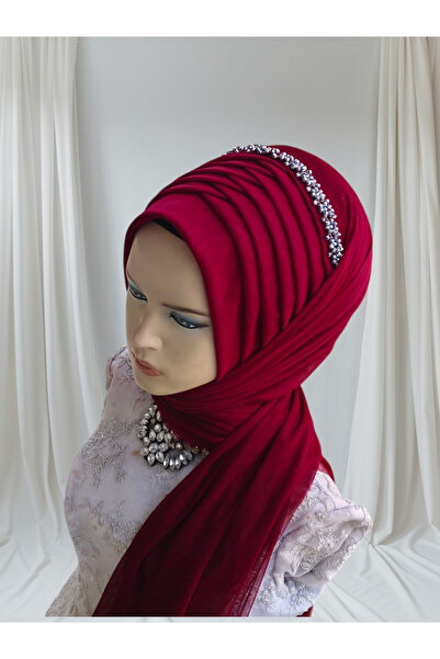 Nuray hazır duvak Accessories Included: Classic Burgundy Single-Piece Ready-Made Veil, Ready-Made Shawl, Ready-Made Turban