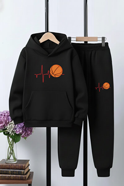 FYK KİDS 3 İplik Ş επένδυση fleece Winter Pulse Basketball B με τύπωμα Kangaroo Pocket K με κουκούλα Σετ αθλητικής φόρμας για αγόρια