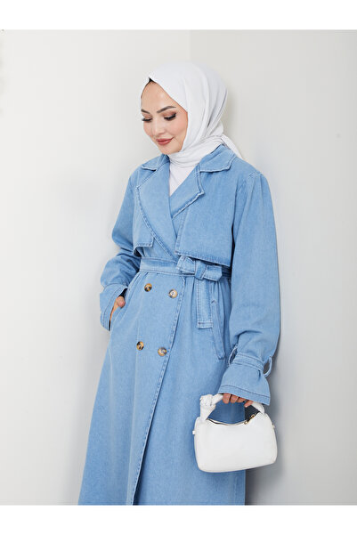 EFSUN MODA KADIN KRUVAZE YAKA DENİM TRENÇKOT UZUN 125 CM KOT KUMAŞ