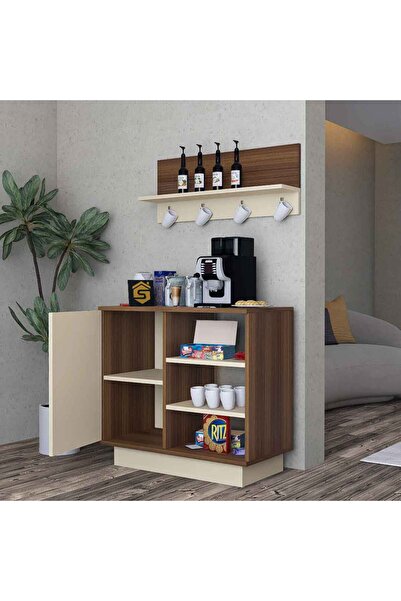 Stylish Home Brown and Beige Corner Coffee Table with Wall Shelf - RC49