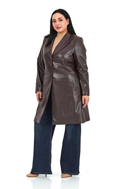 DISENTIS MODEST Plus Size Pocketed Button Closure Lined Faux Leather Dark Brown Coat