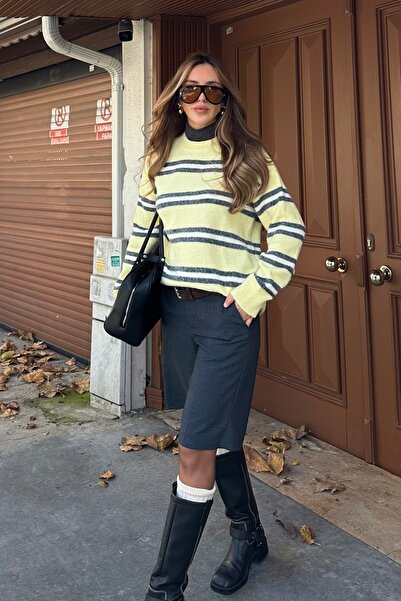 Laluvia Yellow Colored Striped Oversize Knit Sweater - 2516