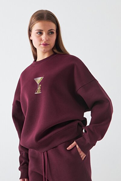 The Champ Clothing Γυναικείο φούτερ oversized Martini Leopard με τύπωμα Claret Red – Crew Neck, 3 Thread Ş επένδυση fleece Fleece