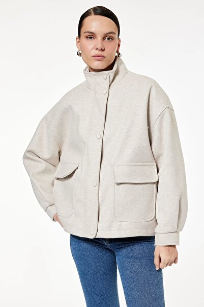 Koton Kadın X Sibil Çetinkaya - Dik Yaka Fermuarlı Cepli Uzun Kollu Kaşe Ceke...