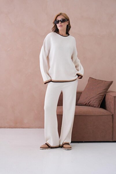 Işşıl 12227-Striped Knitwear Suit with Crew Neck and Trousers