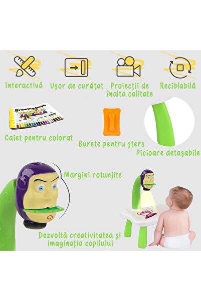 MACVI ® educational projector board, 24 stencils, 12 markers, 3 discs, Toy Story, green