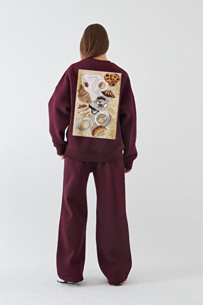 The Champ Clothing Γυναικείο φούτερ oversized Paris Coffee Journal με τύπωμα Claret Red – Crew Neck, 3 Thread Ş επένδυση fleece Fleece