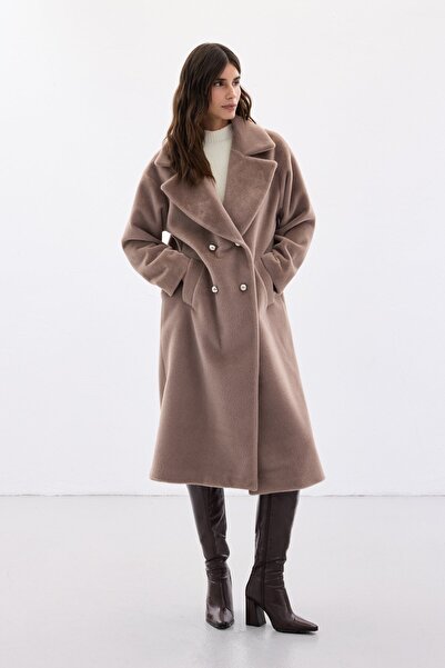 Sateen معطف طويل بتفاصيل أزرار - مينك