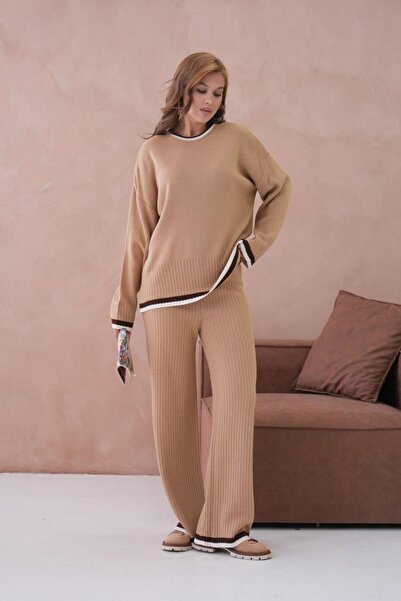 Işşıl 12227-Striped Knitwear Suit with Crew Neck and Trousers