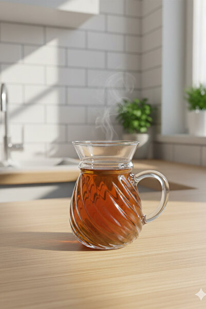 Home Lunero Borosilicate Glass 6-Piece Tea Cup Set – Striped with Bamboo Base 200 ml