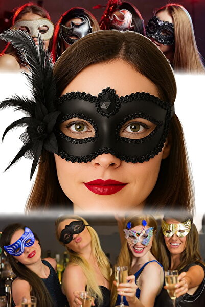 Munico 3 Adet Siyah Venedik Parti Maskesi Yandan Tüylü ve Güllü Tasarım 16x22...