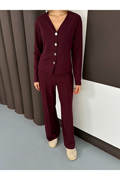 LE CARAMBOLE Women's Burgundy Gold Buttoned Thessaloniki Fabric Top and Bottom Set