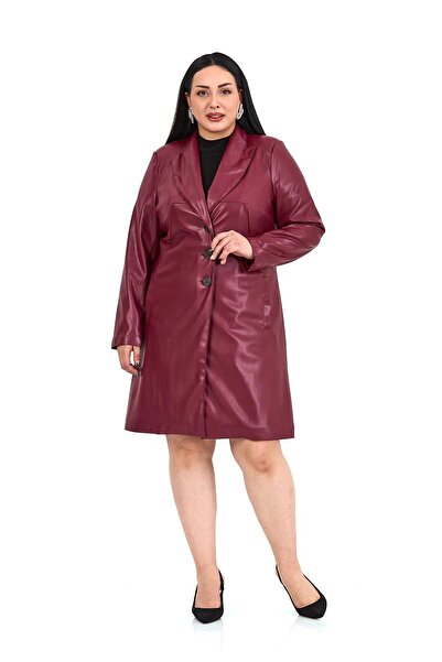 DISENTIS MODEST Plus Size Pocketed Button Closure Lined Faux Leather Burgundy Coat