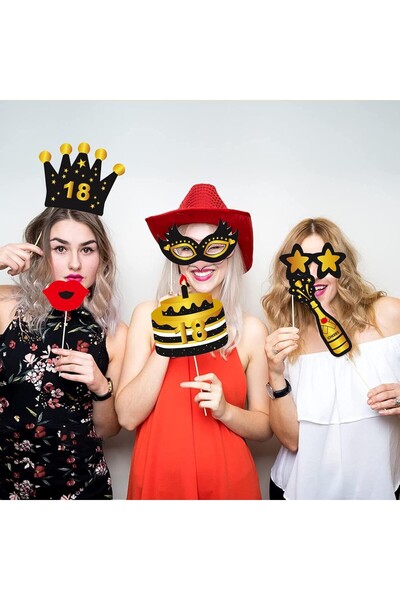 Flippy Party Photo Props Set - 18th Birthday, Multicolor (Glasses, Hats, Mustache, Tie)