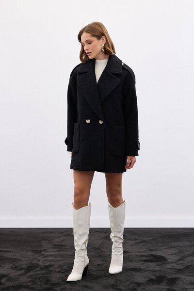 Sateen Buklet Kısa Kaban - Siyah