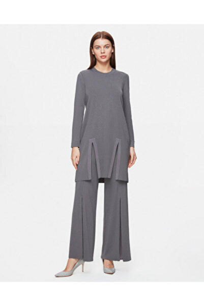 MISS DALIDA T25Y-6040 Önü Yırtmaç Detaylı Düz Renk Triko Tunik 1318-ANTHRACITE