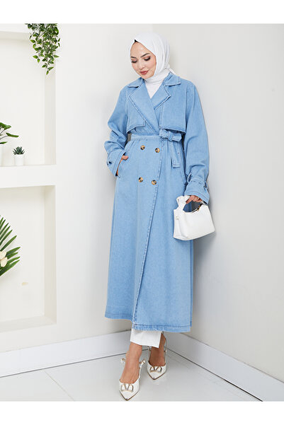 EFSUN MODA KADIN KRUVAZE YAKA DENİM TRENÇKOT UZUN 125 CM KOT KUMAŞ