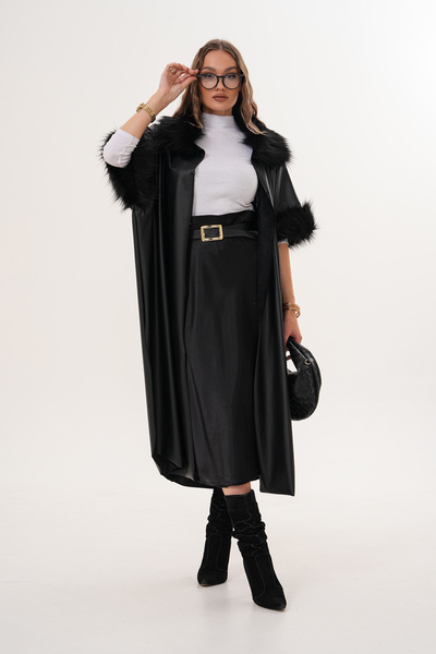 NAVY Leather Long Poncho