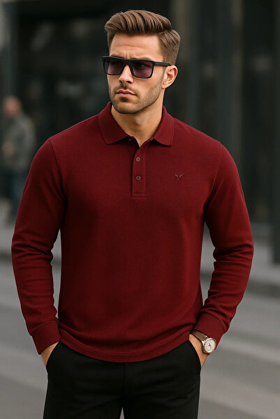 Maccali Ανδρικό μπλουζάκι με μακρυμάνικο μπλουζάκι με γιακά πόλο σε μπορντό χρώμα