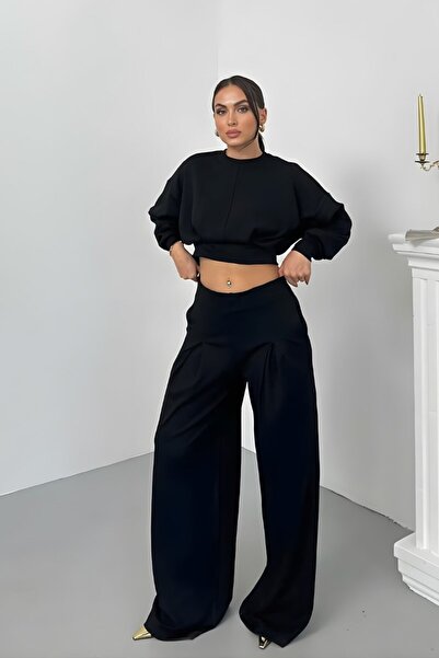 spirituel Women's Two-Piece Top and Bottom Set Modal Off-Shoulder Crew Neck Crop Pleated Wide-Leg Pants Set with Pockets
