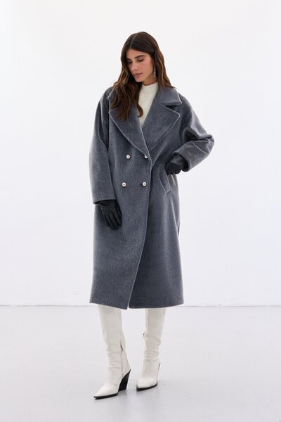 Sateen Μακρύ παλτό με λεπτομέρεια με κουμπιά - Ανθρακί